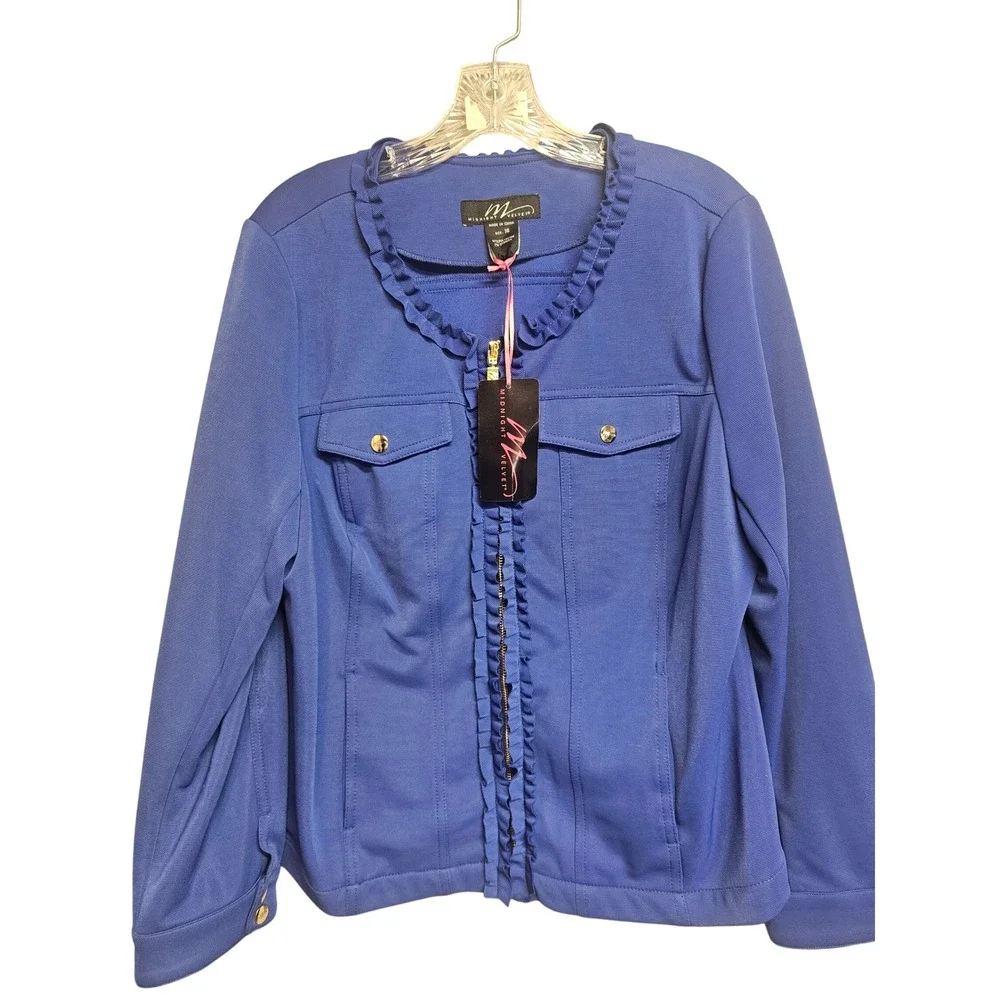 Midnight Velvet Womens Royal Blue Ruffle Trim Zip Front Jacket Size 16 NWT